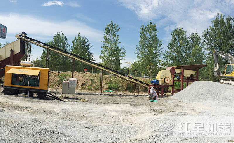 紅星錘式破碎機(jī)碎石生產(chǎn)線現(xiàn)場，一破頂多破
